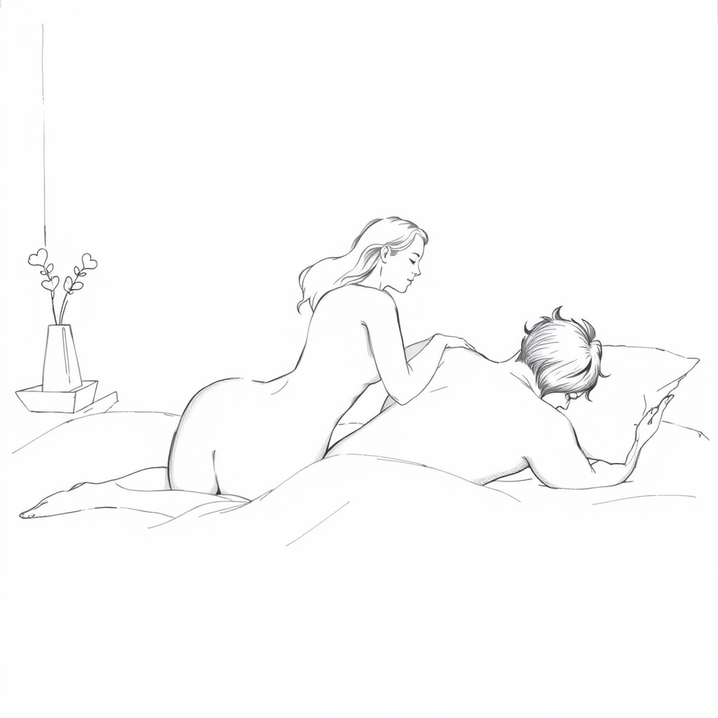 Main art studio: Black and white graphite pencil drawing, landscape format. An adult couple sharing a tender romantic moment on a bed in a quiet bedroom. A curvy adult