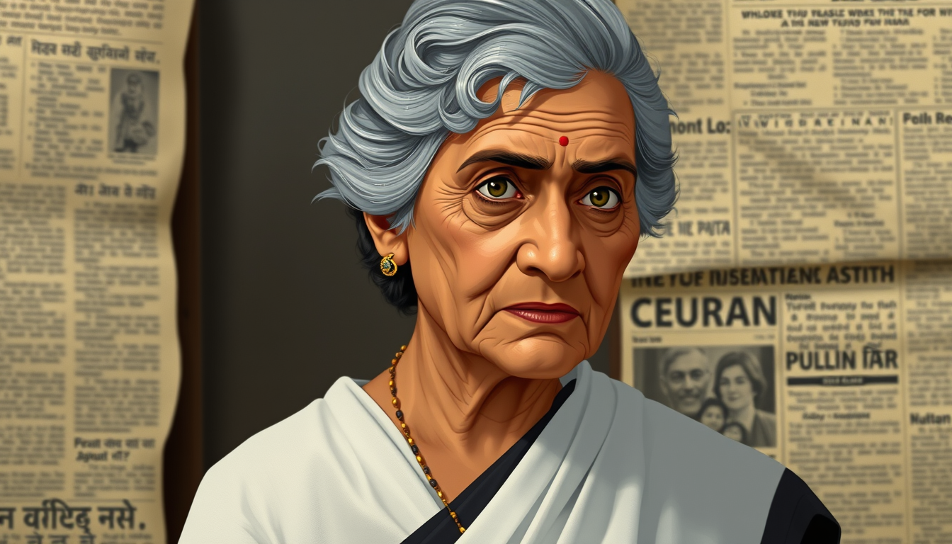 Main art studio: 2D historical documentary animation, realistic portrait of Indira Gandhi in 1984, elderly Indian woman politician, short grey hair, white saree with d