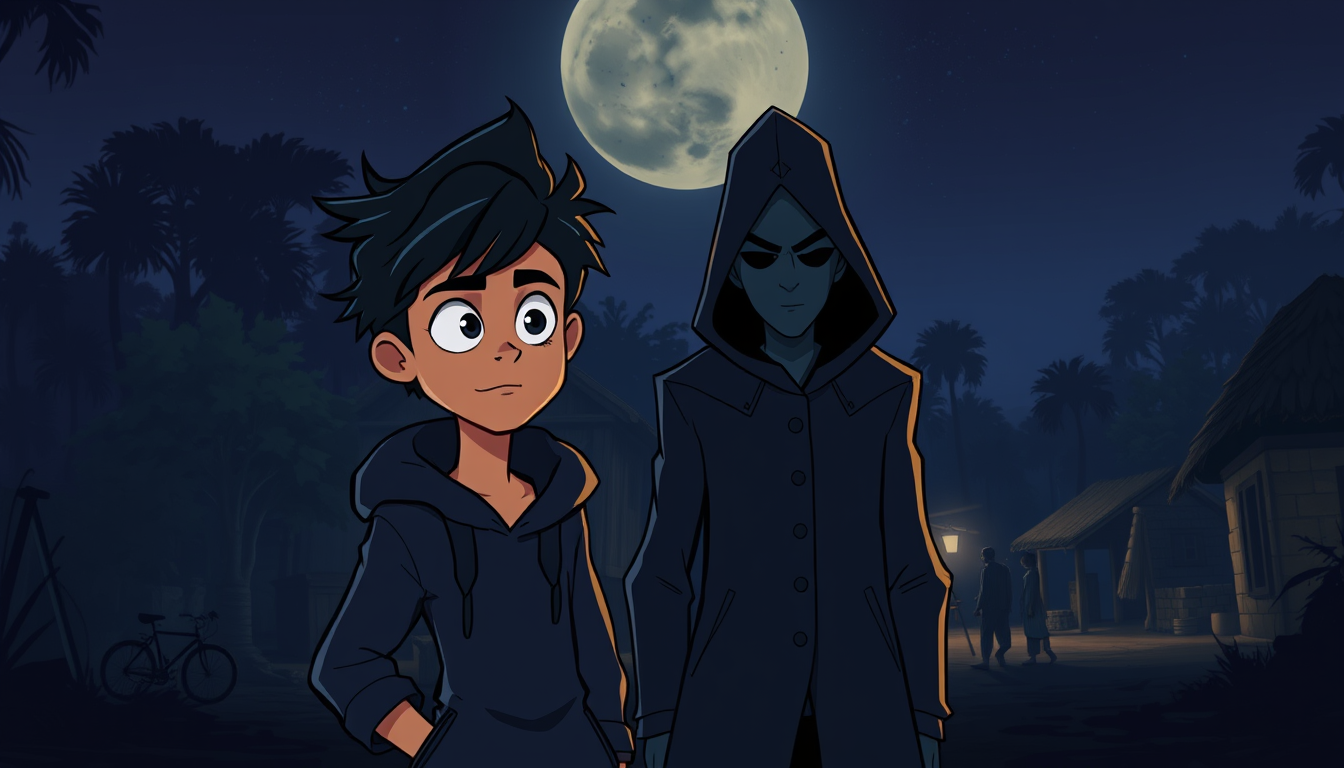 Main art studio: Create a 2D cartoon scene in a dark, mysterious Indian village at midnight. Show two characters standing together in the same frame: the teenage detec