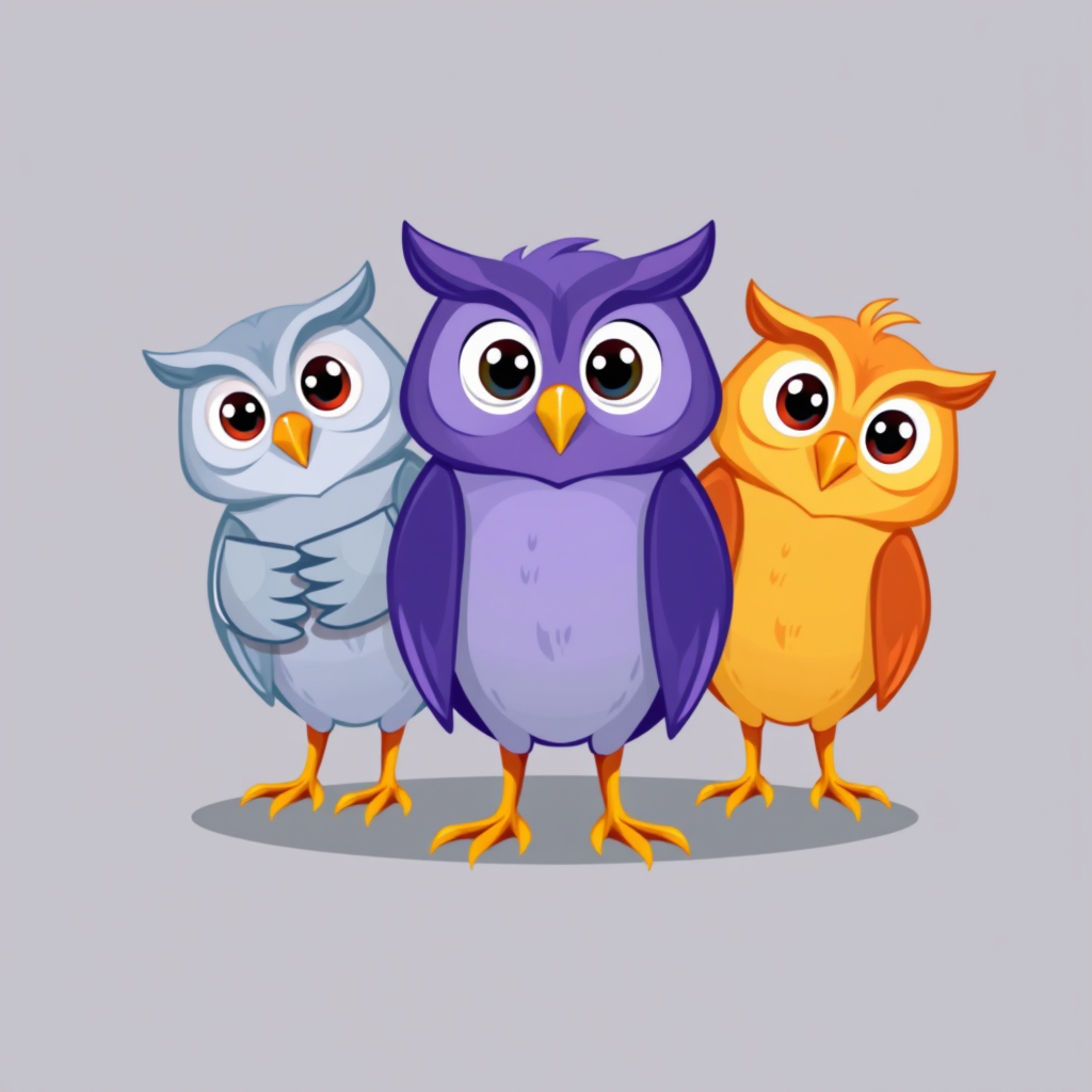Main art studio: Create a cute modern 2D mascot logo with three distinct owl characters standing together. All face the viewer with fully open, lively eyes and energet