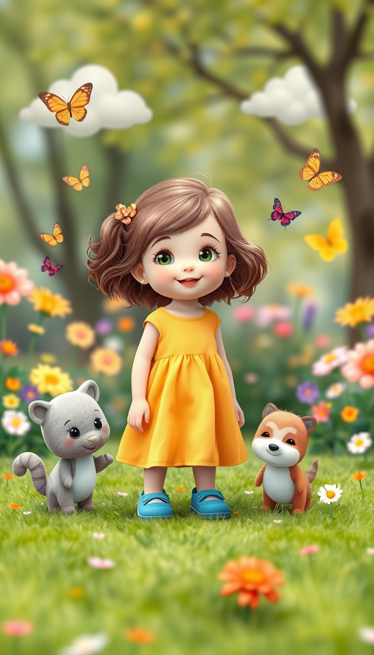Main art studio: A cute little girl with brown hair in a yellow dress and blue shoes stands in a colorful park, smiling at the camera. She is surrounded by flowers, bu