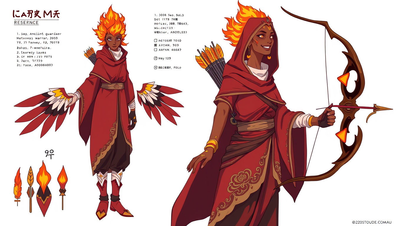 Main art studio: Character reference sheet of an ancient, divine warrior guardian grandma with a lean, archer build and dark tanned skin. She has flame shaped hair and