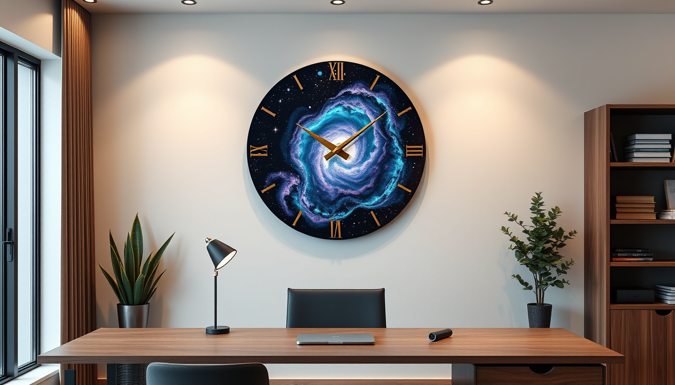 Main art studio: Photorealistic modern home office with a beautiful handmade round epoxy resin wall clock inspired by the galaxy. Deep navy blue, purple and turquoise