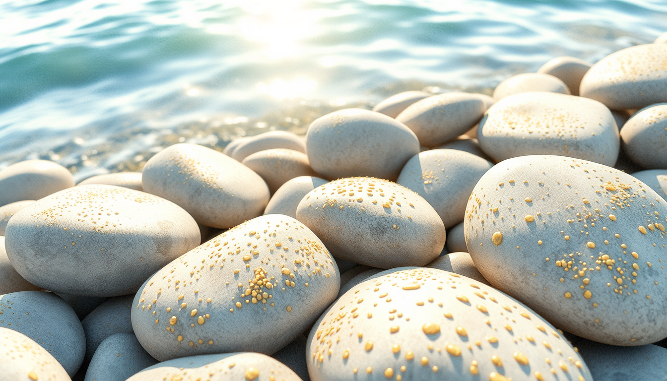 Main art studio: an illustration for the children book : Close-up of beautiful smooth seaside stones covered with tiny golden freckles that resemble children's freckle