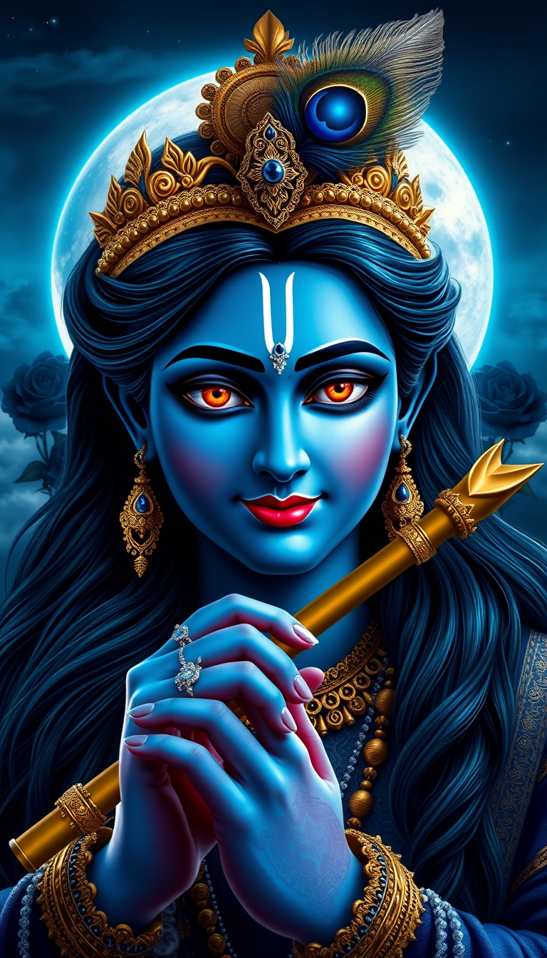 Main art studio: Create an ultra-realistic, cinematic 4K vertical mobile wallpaper of Lord Krishna in his divine and majestic form. Beautiful deep-blue skin, mesmerizi