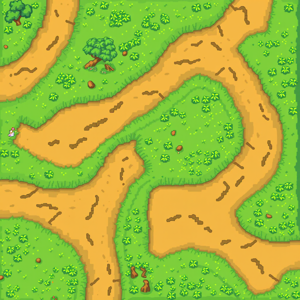 Pixel Art idea: pixel art, 32x32 sprite scale, limited palette, retro 16-bit game art, Professional RPG Maker MZ outdoor tileset, strict 32x32 pixel grid. High-qualit
