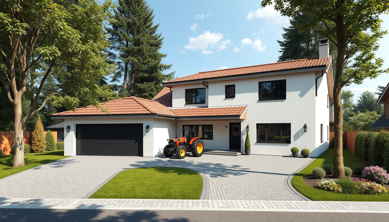 Main art studio: Mein traum haus mit einer doppelten garage und eine garage für einen trakto mit mindestestens 5 meter höhe