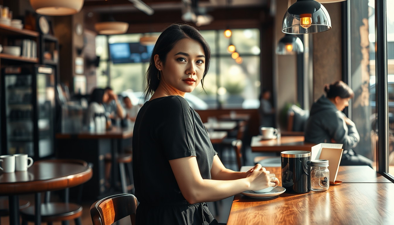 Realistic Images idea: photorealistic generated image, natural materials and skin texture, physically plausible lighting, A woman in a black dress at a coffee shop but from