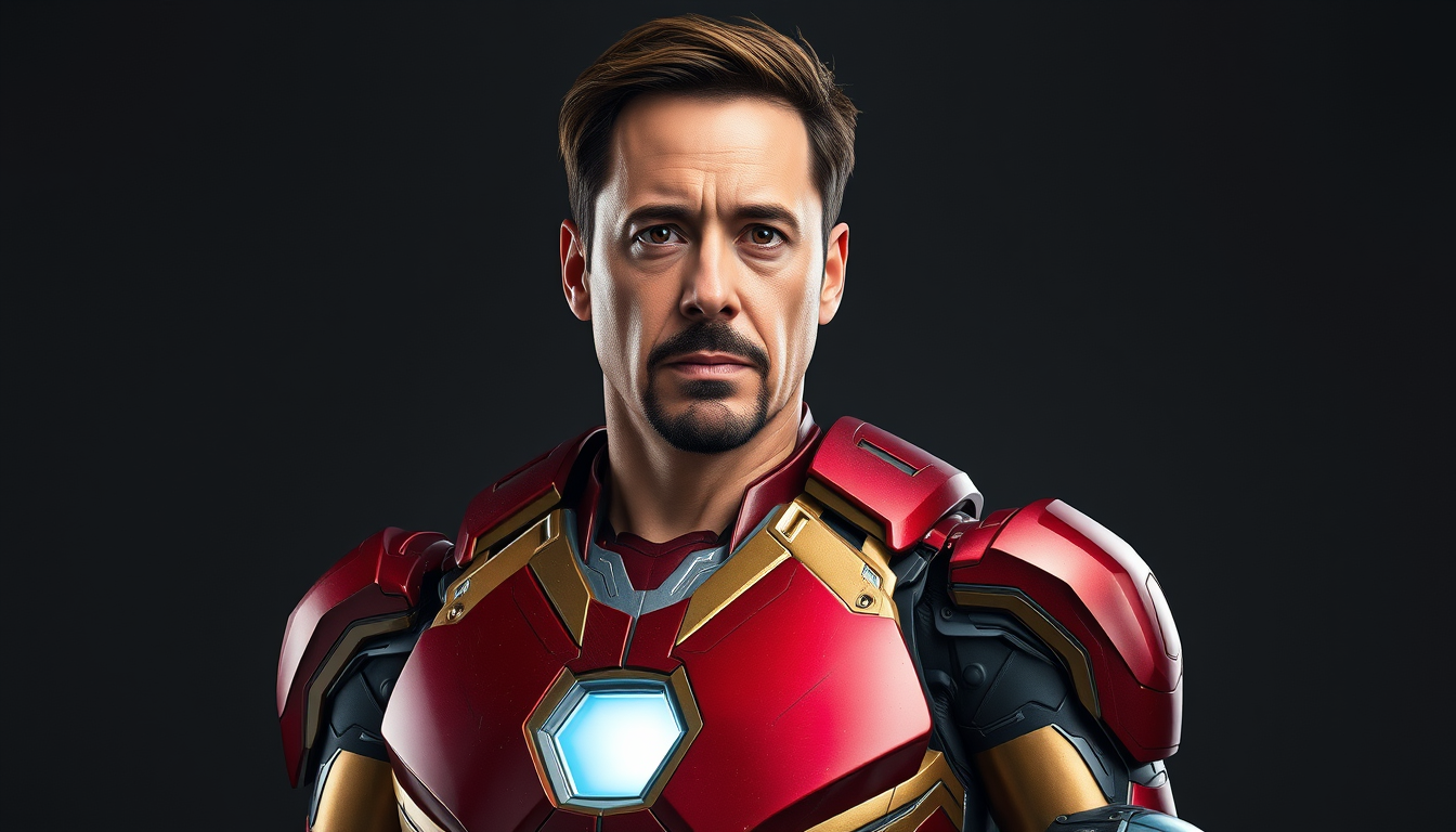 Main art studio: Photorealistic live-action superhero film character reference. Tony Stark, middle-aged man, lean athletic build, short dark brown hair, neatly trimmed