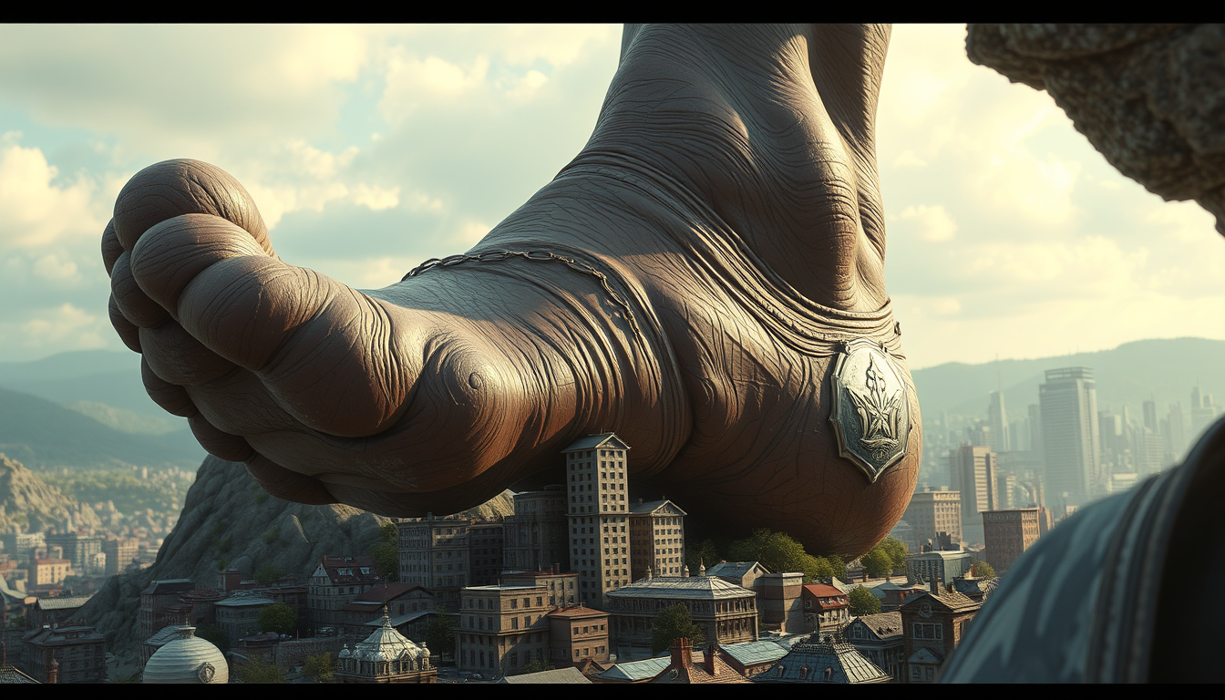 Realistic Images idea: photorealistic generated image, natural materials and skin texture, physically plausible lighting, Giant foot crushing tiny city , coherent depth, res