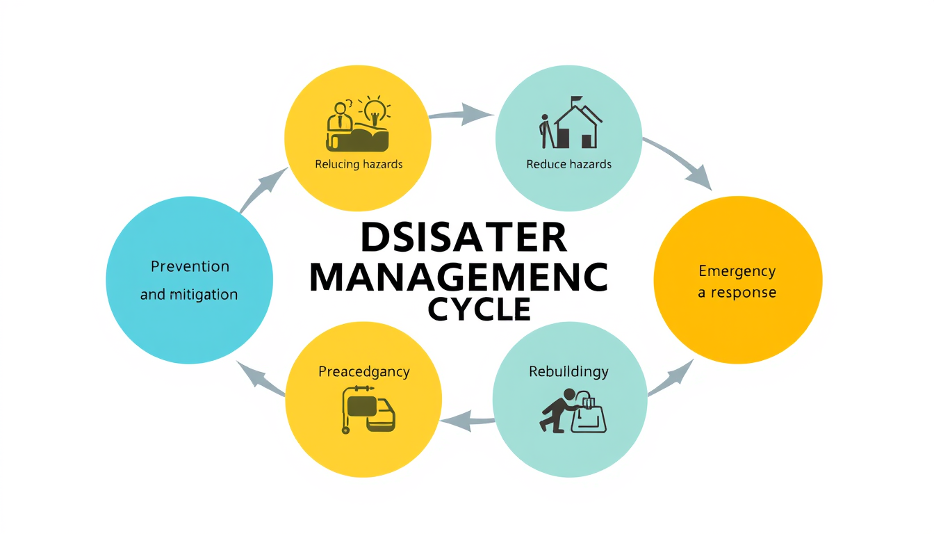Main art studio: Create a clean academic diagram showing the disaster management cycle as a continuous circular process. Show four clearly connected stages: prevention