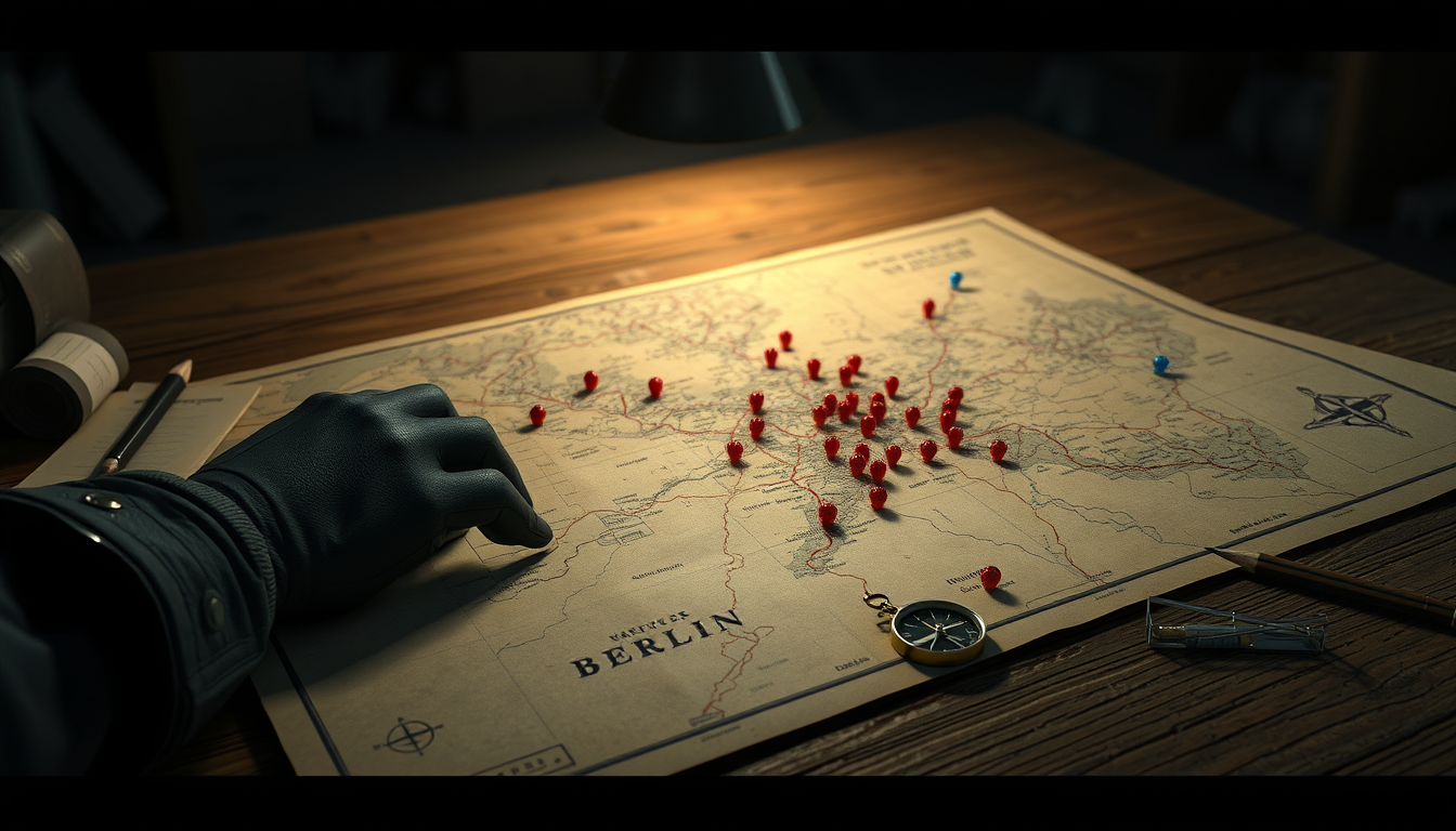 Main art studio: Detailed cinematic 3D animated close-up of a large worn military map of Berlin in April 1945 lying on a wooden command table inside an underground bun