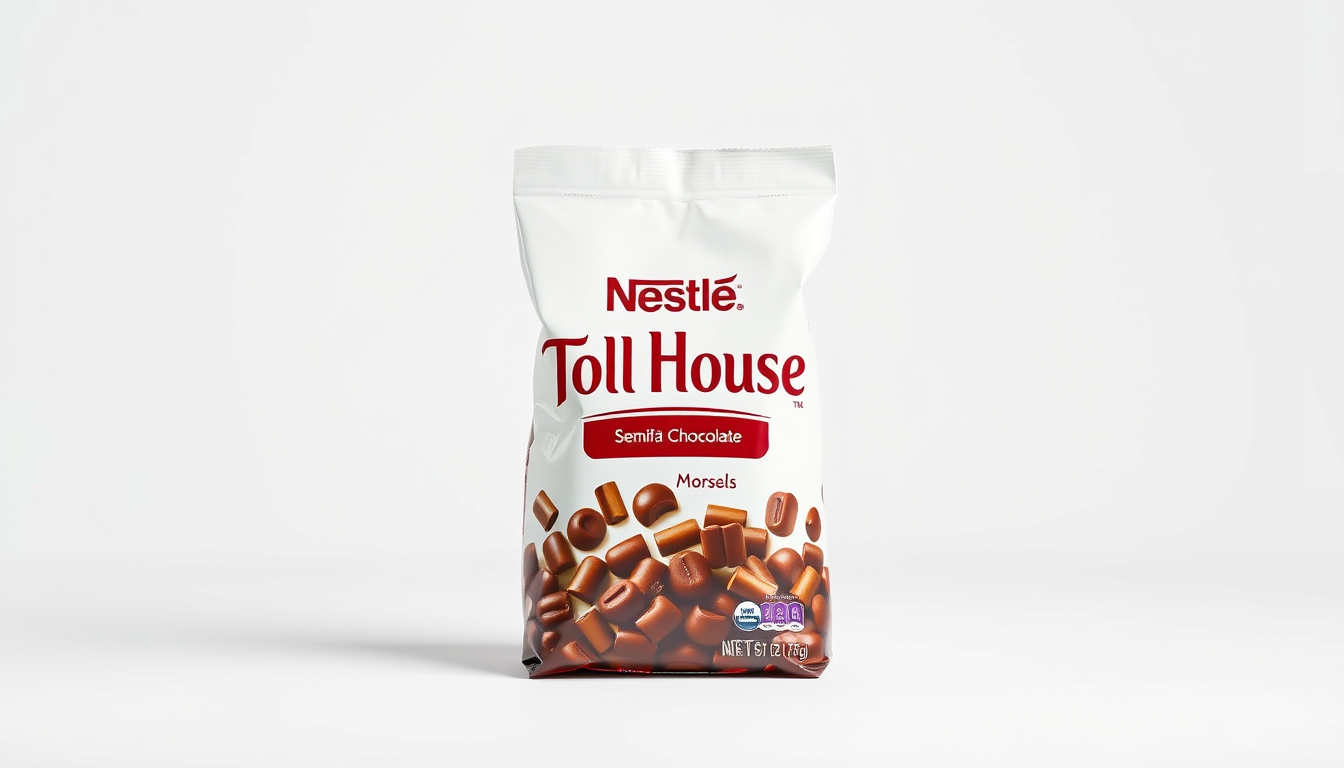 YouTube Banners idea: youtube channel banner, wide 16:9 composition, bold branding graphics, A realistic product photo of a Nestlé Toll House Semi-Sweet Chocolate Morsels b