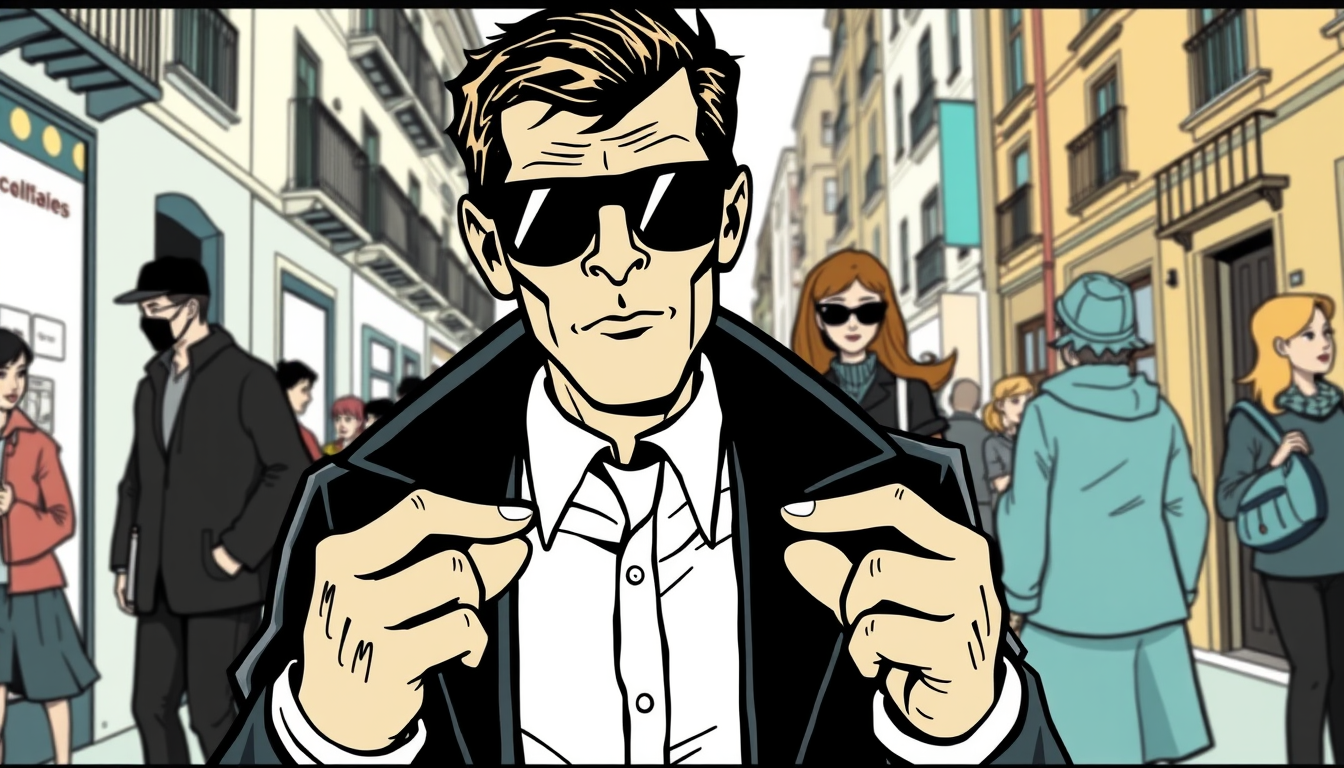 Main art studio: Matrix agent front picture hands in pokets sunglasses in a street of barcelona belgium ligne claire style cartoon old comic belgium Herge