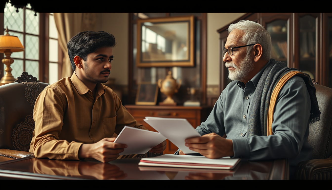 Main art studio: Same young Indian boy Aman sitting with an elderly wealthy Indian businessman inside a beautiful traditional office, the businessman offering Aman a j