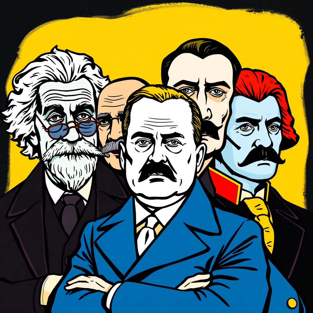 Main art studio: ::writing{variant=“standard” id=“58302”} Einstein, Gandhi, Hitler and Napoleon together, instantly recognizable faces, modern streetwear, funny confid
