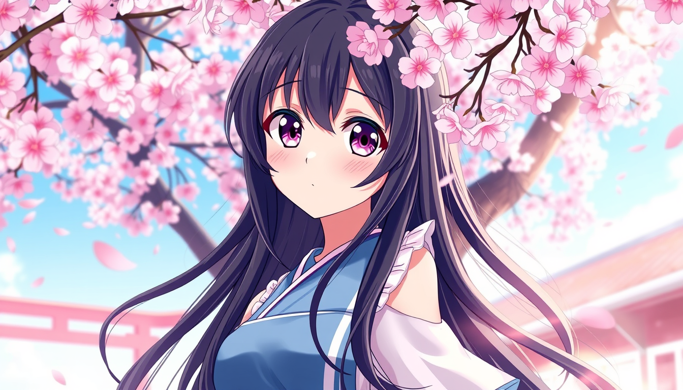 Anime idea: anime style, vibrant colors, expressive eyes, A beautiful anime girl with long black hair, wearing a blue and white dress, standing under pink cherry 