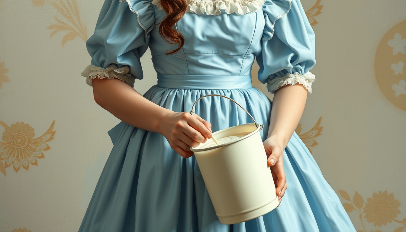 Main art studio: create an oil painting with a marie antoinette styled dressed milk maid in a pastel blue gown holding a milk pail