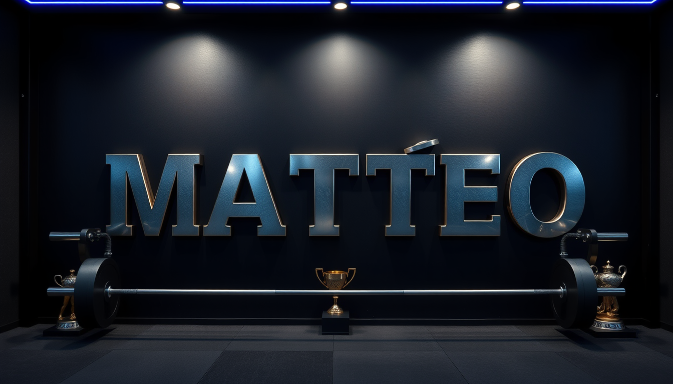 Main art studio: Créer une affiche de sport sans personne. Écrire exactement le prénom : MATTÉO (une seule fois, sans autre texte). Grandes lettres capitales blanches