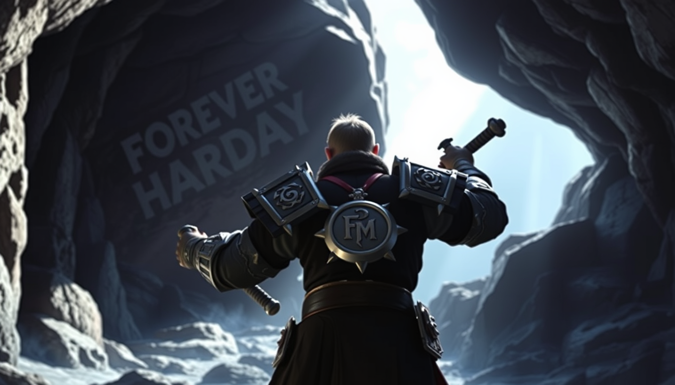 Main art studio: Create an image of a man—a mage—emerging from a cave and moving toward the light. In the background, there is a massive rock with the word "FOREVER" i