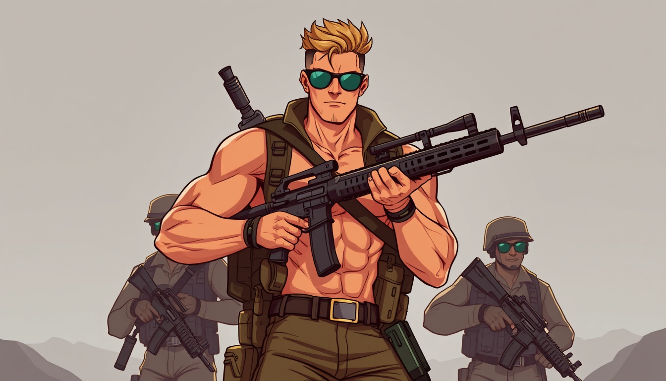Characters idea: an original character defined by silhouette, role, outfit, palette, and expression, deliberate composition, a fit muscular soldier with a machine gun