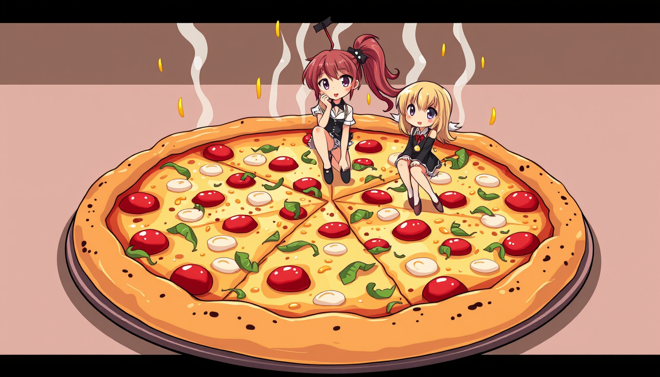 Main art studio: a very large pizza with very much cheese and 3 girls on the pizza in an cartoon art style