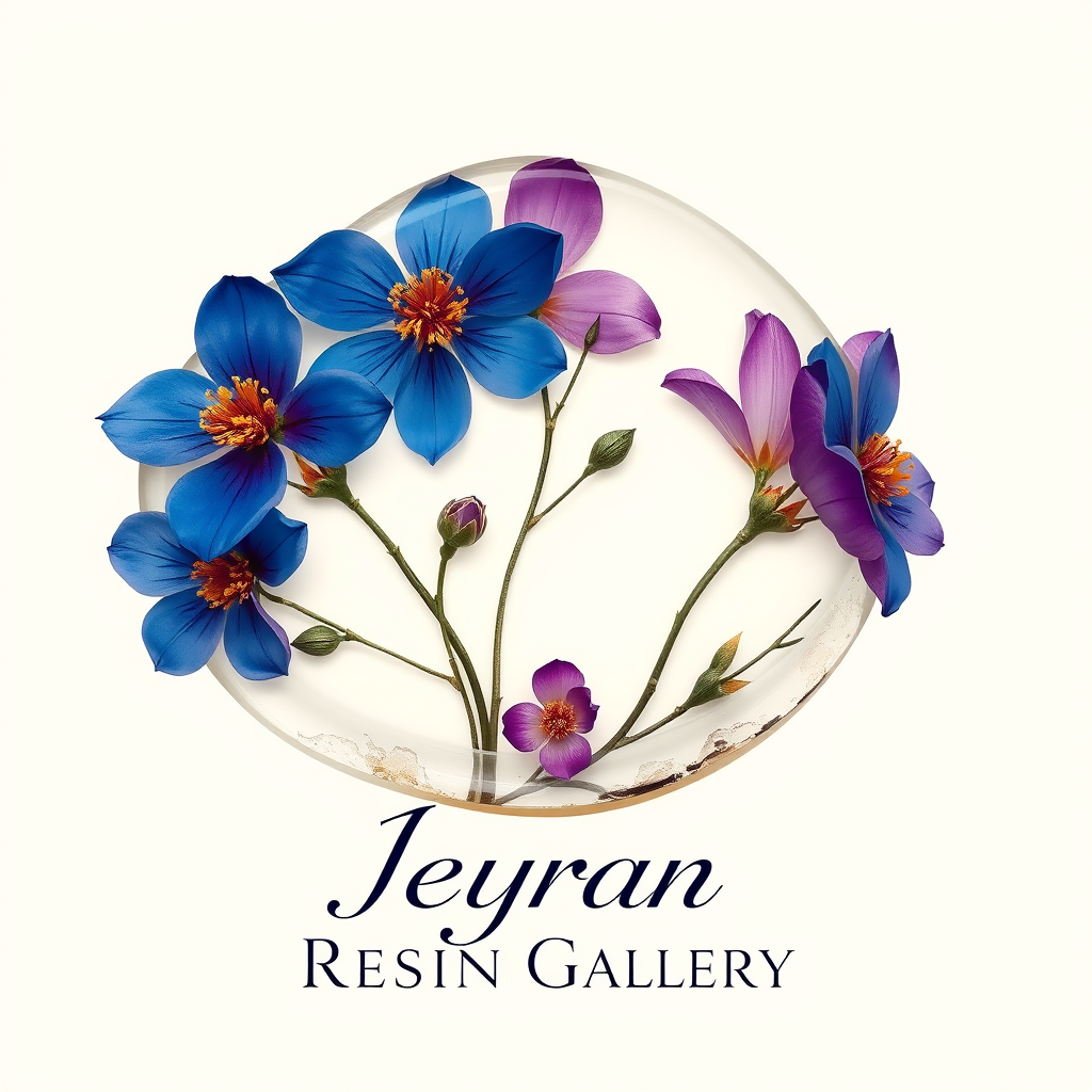 Main art studio: Elegant resin art logo, beautiful blue and purple flowers inside clear resin, gold details, luxury style, soft cream background. Add the text “Jeyran
