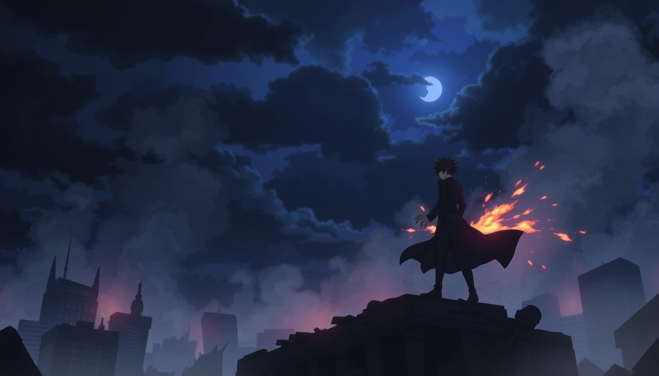 Main art studio: Location: A ruined city at night. Dark clouds cover the sky. KAITO stands on a broken building. RYUEN walks through the smoke. RYUEN: “So, you’re the