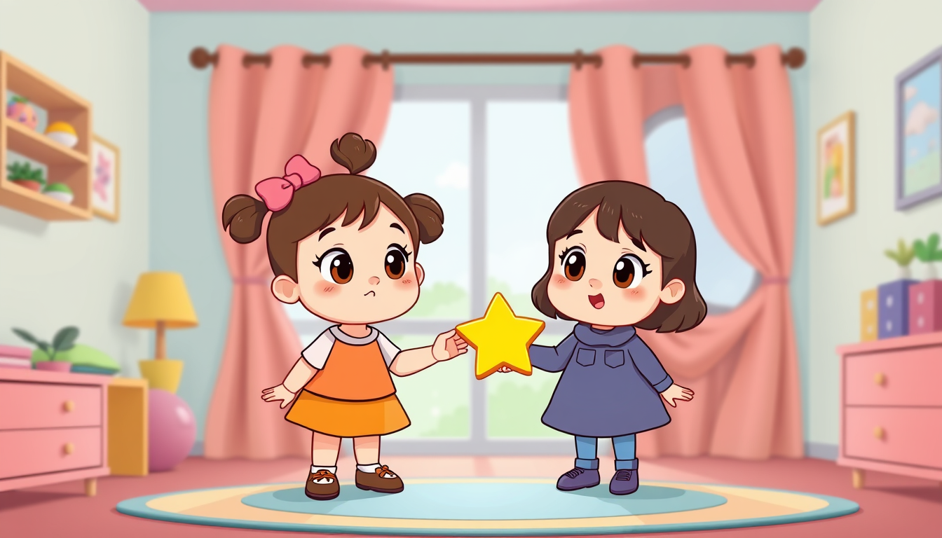 Main art studio: Koko and Roro, two cute little sisters, standing together in their colorful children's bedroom in the morning. Koko looks surprised because her yellow