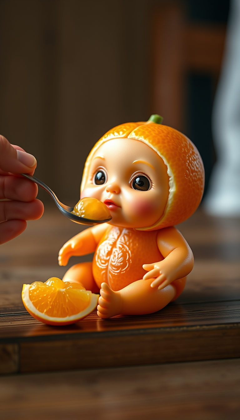Main art studio: Hyper-realistic tiny adorable baby made entirely from a peeled mandarin. The baby has a round head and body made of bright orange mandarin segments, w