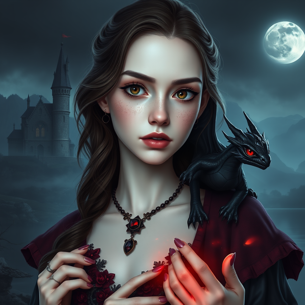 Main art studio: Semi-realistic fantasy portrait of a young adult woman with very pale, cool porcelain skin, a soft rounded face, large expressive brown eyes, a natura