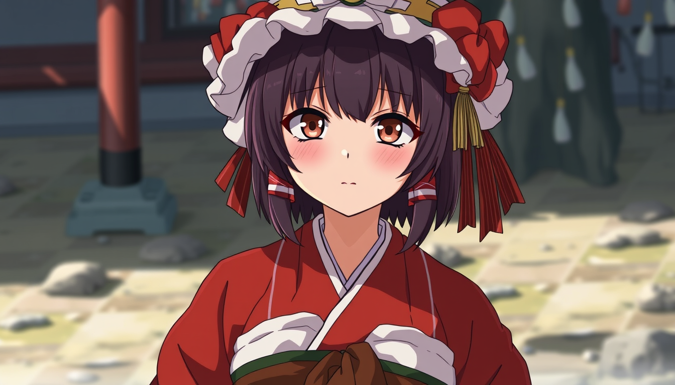 Main art studio: A shrine maiden resembling Yoshino Asatake from *Senren * Banka*, looking bashful in an outfit that has come undone.