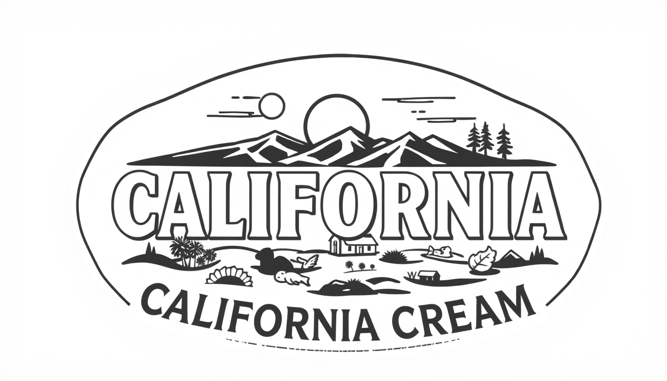 Main art studio: a simple 19. century black and white label. one by one inch. a simple grafic that shows typical california landscape and things. name of the product: 