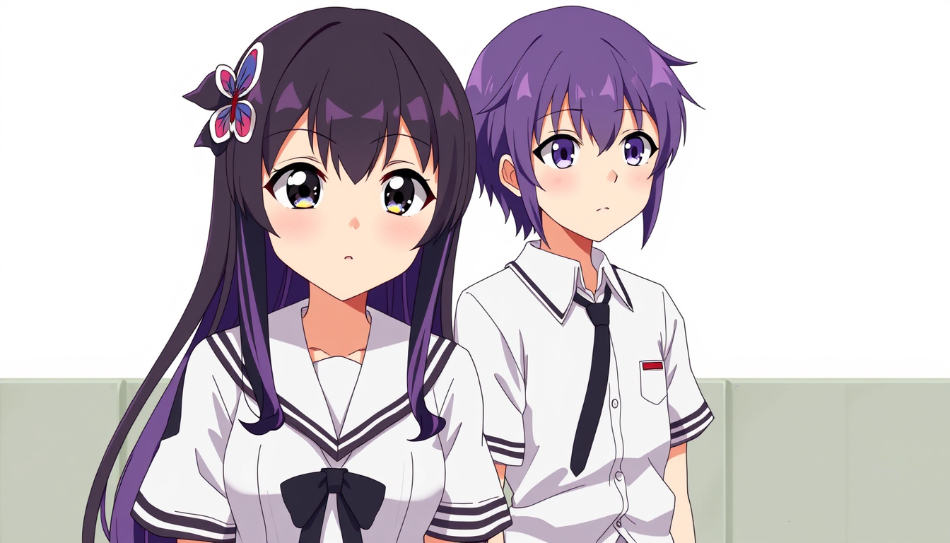 Anime idea: anime style, vibrant colors, expressive eyes, Demon Slayer: Kimetsu no Yaiba official anime style. Kanae Kocho (long black-to-purple hair, butterfly h
