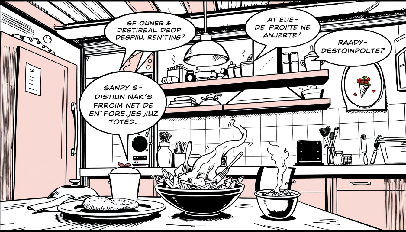 AI Comic idea created from the prompt: comic panel, bold inks, halftone shading, speech-bubble ready composition, Style bd 2d et assez simple, je veux un décor de cuisine avec de 
