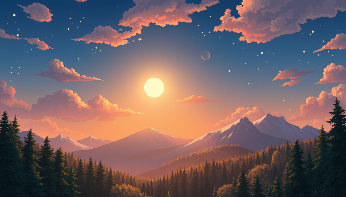 Main art studio: Je souhaiterai que tu me creer uen image animée pour mon twitch, il faut qu'on retrouve une ciel étoilé avec des montagnes/forets, des couleurs bien p