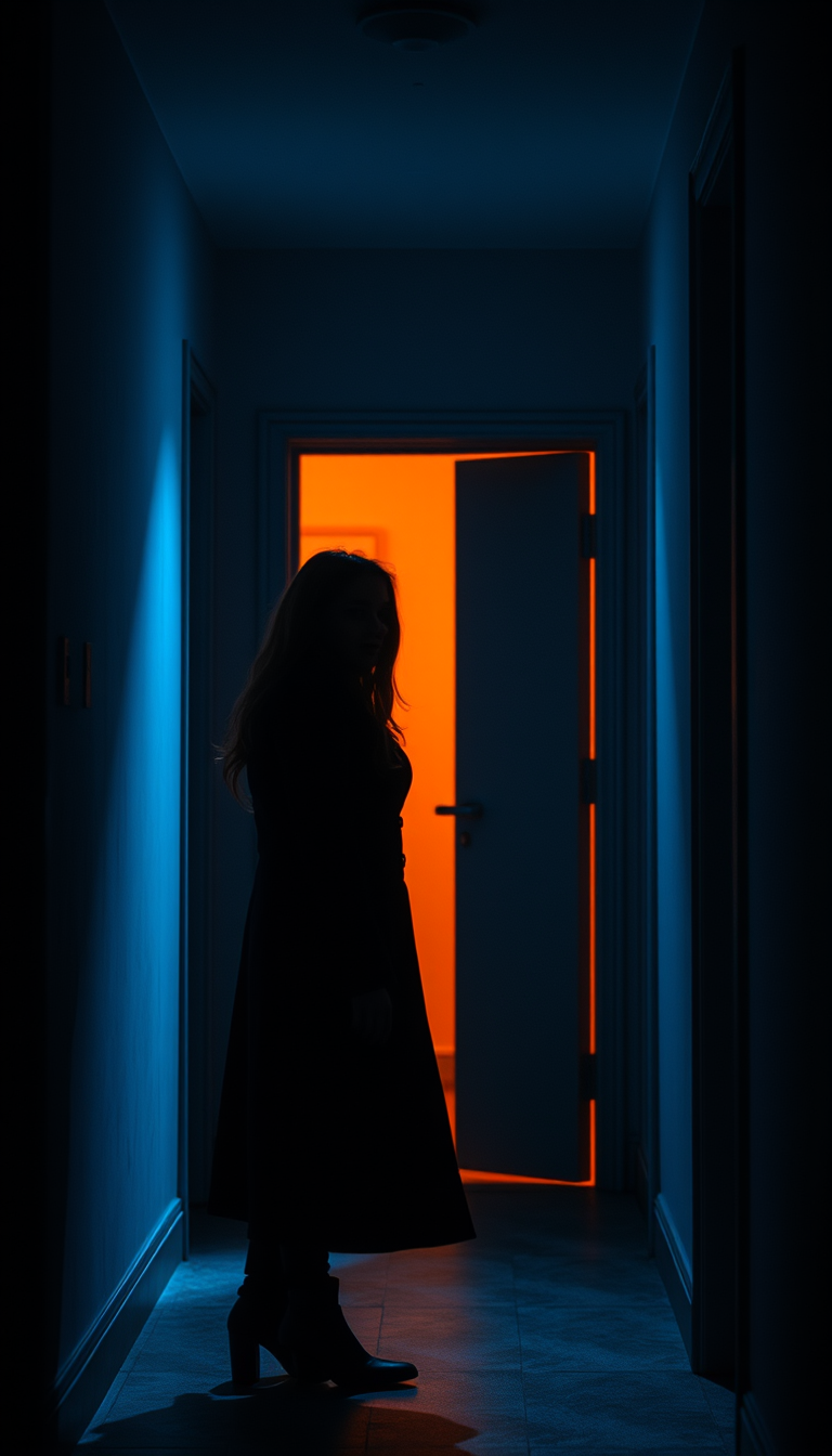Main art studio: The same young woman in a long black coat looks shocked as the mysterious man suddenly disappears from the hallway. She stands alone under the dim blu