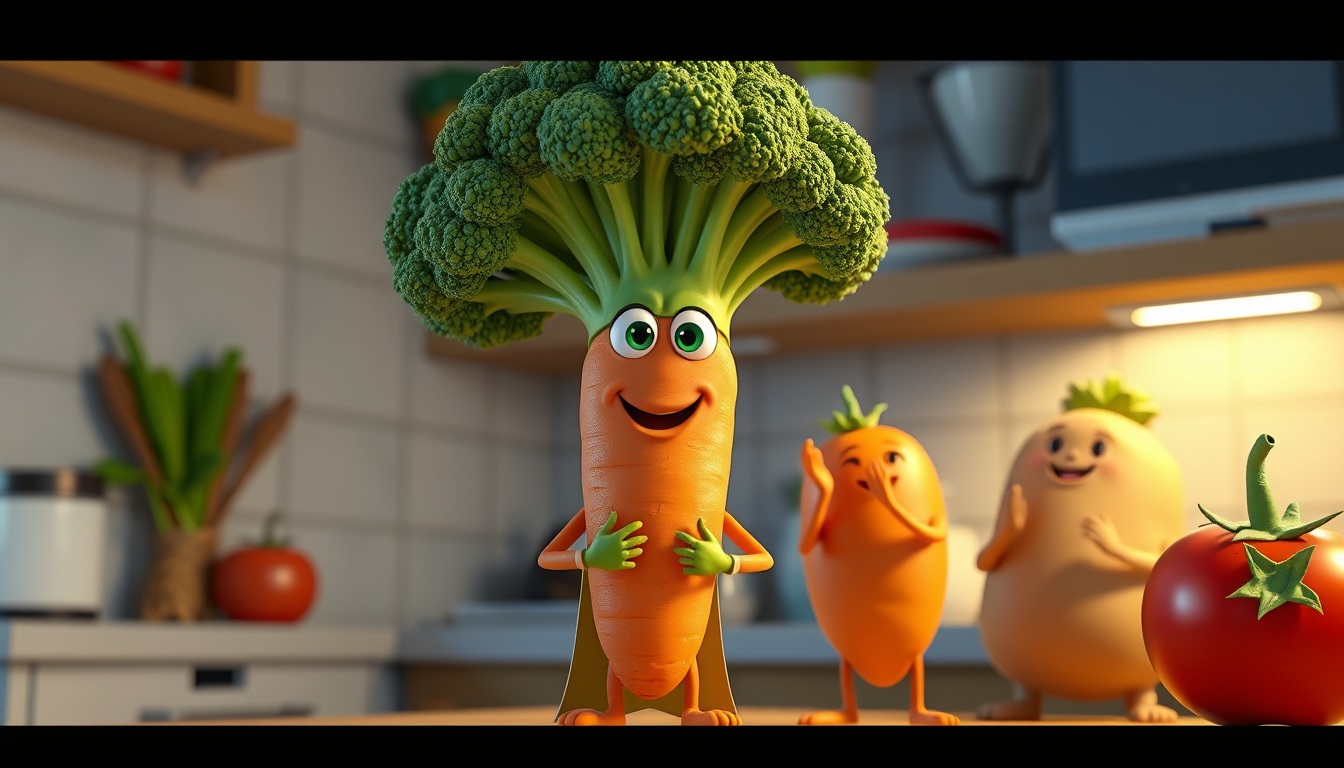 Main art studio: Scene 4 – Carrot and Broccoli Speak Prompt: Cute carrot with leafy green hair smiling proudly while broccoli stands beside it confidently like a super