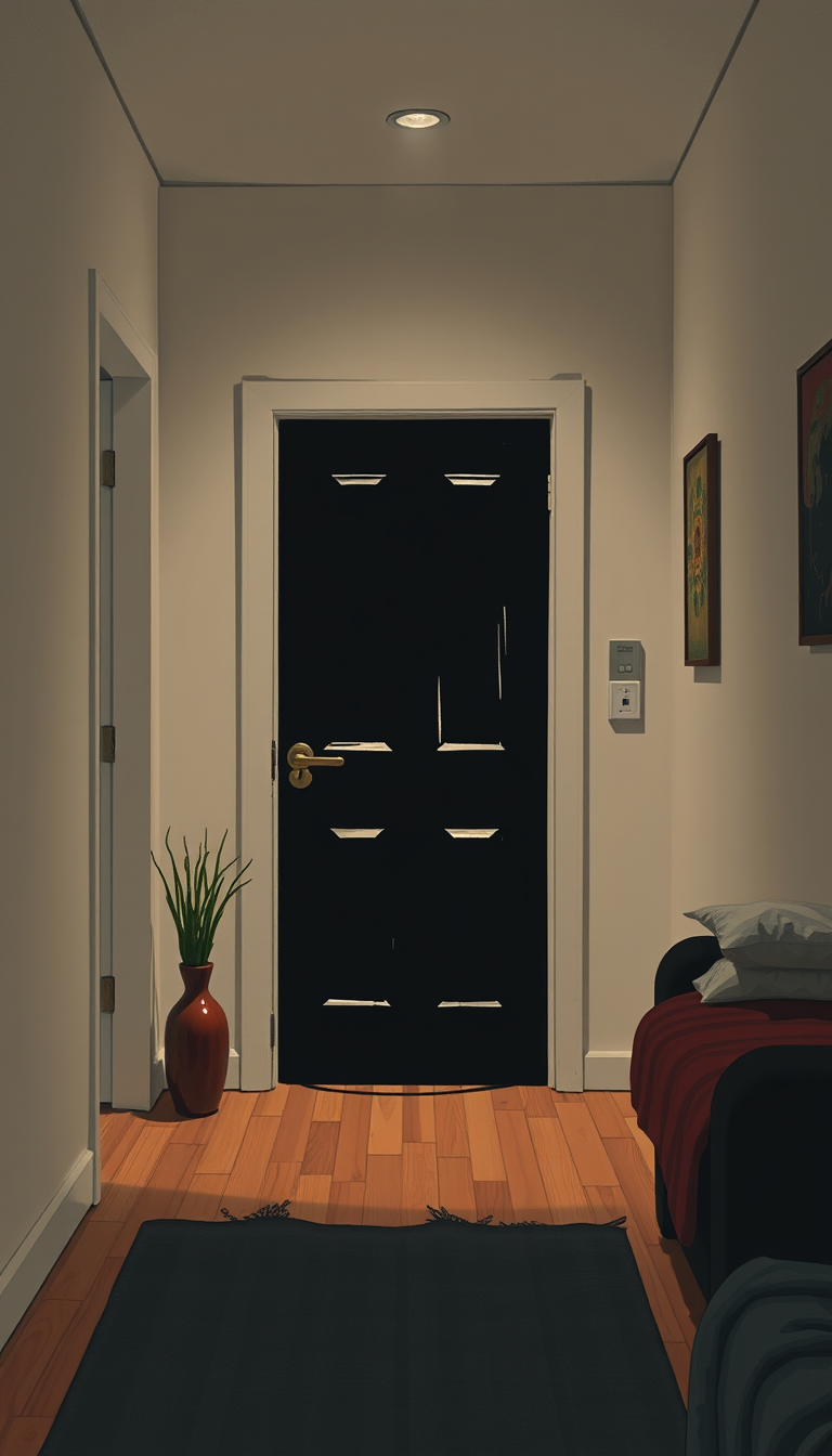Main art studio: A strange door appeared in Daniel’s apartment overnight. He had never seen it before. It had no handle. No lock. Just a completely black door in the h