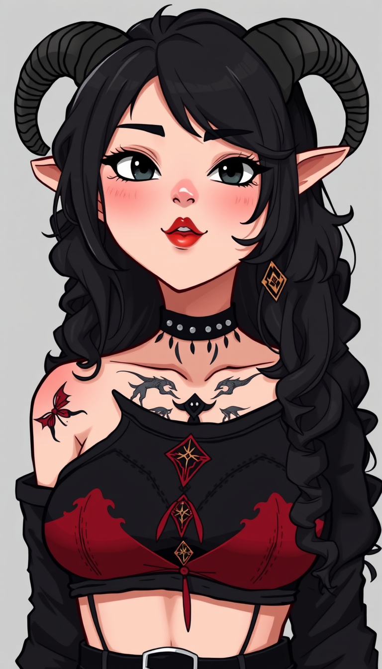 VTuber idea: vtuber avatar character, anime style, expressive face, streaming-ready design, A Latina baddie vtuber, she has black hair, black lamb ears, a pale oli