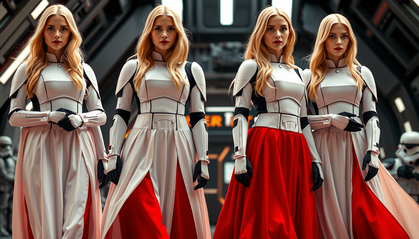 Main art studio: Four adult blonde women with long blonde hair wearing wide, flowing dresses inspired by Star Wars Stormtrooper uniforms. The dresses combine white, bl