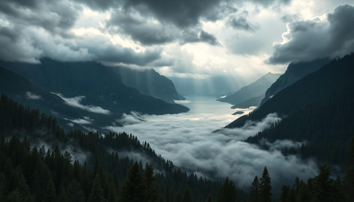 Main art studio: A breathtaking cinematic landscape with gigantic mountains, a vast deep-blue ocean, an enormous dense forest filled with ancient pine trees, thick rol