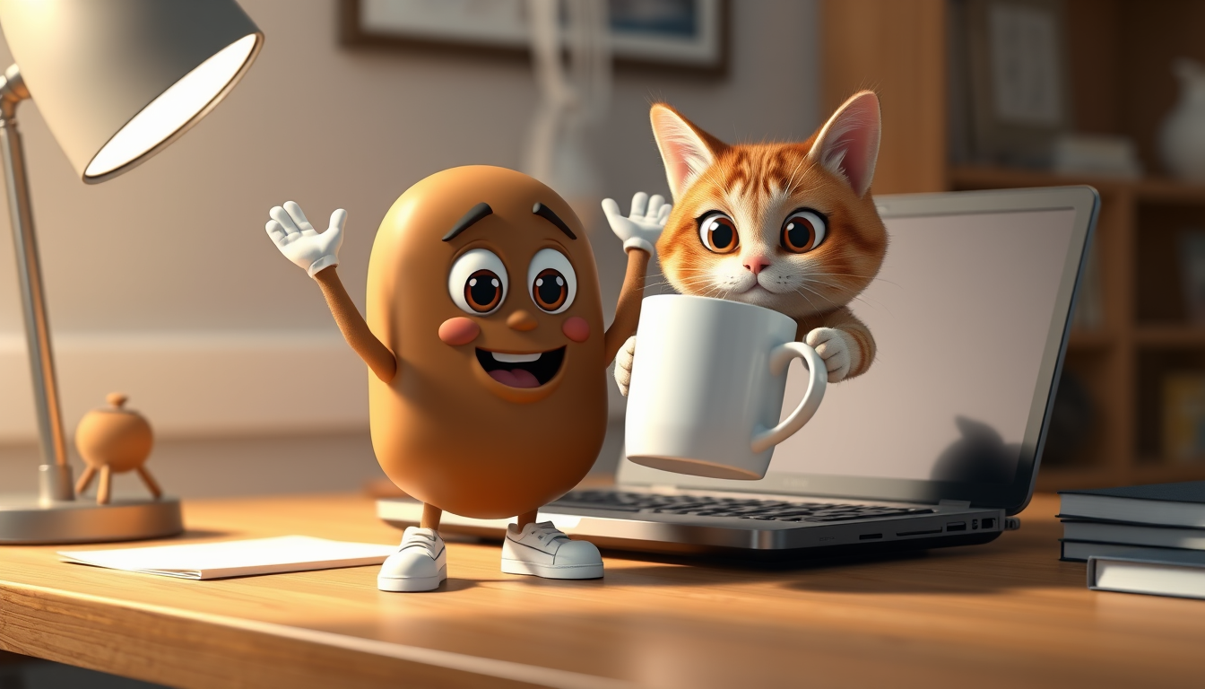 AI Art prompt example created from the prompt: A cinematic 3D animated coffee commercial scene on a cozy study desk. A cute brown coffee bean mascot with a clear real coffee bean shape, l