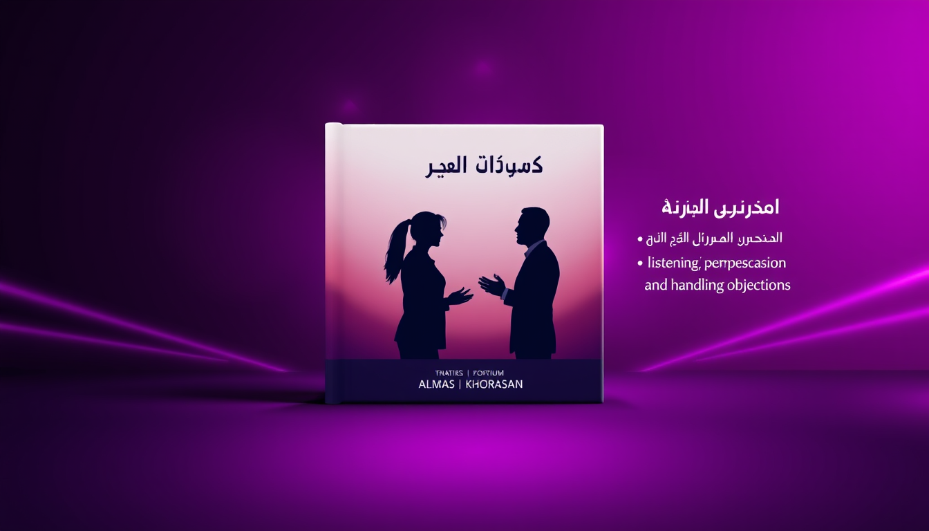 Main art studio: Create a premium square educational package cover for "Almas Khorasan" about negotiation and professional conversation. Use a deep luxurious purple ba