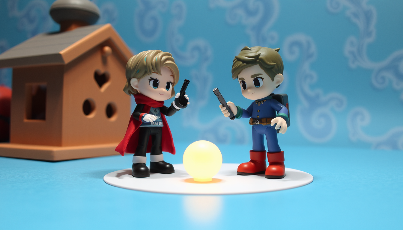 Main art studio: Kannst du mir diese beiden Figuren so machen das sie gerade zu mir schauen und das man das Handy ncjt mehr seht so das es wie das Bild ist das vom Han