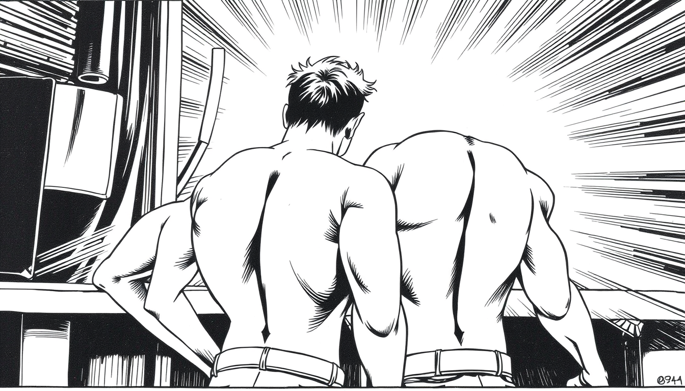 Manga idea created from the prompt: manga panel, black-and-white ink, screentone shading, expressive line weight, zwei Gay(s)(nackt) (Man sieht sie komplett nackt) mit Sixpack 
