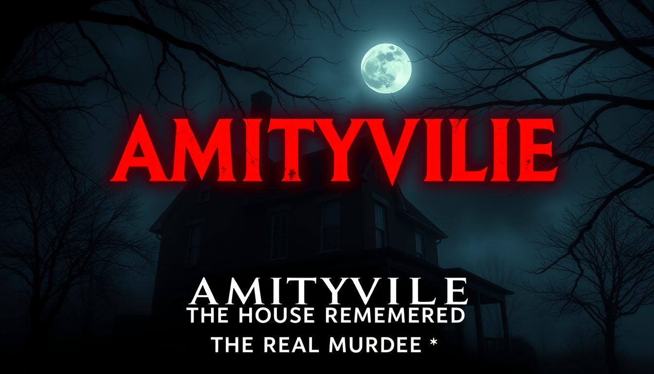 AI Art prompt example created from the prompt: Create a complete 16:9 YouTube thumbnail for a dark true-crime horror documentary. Show the real Amityville house at night, stormy sky, pale