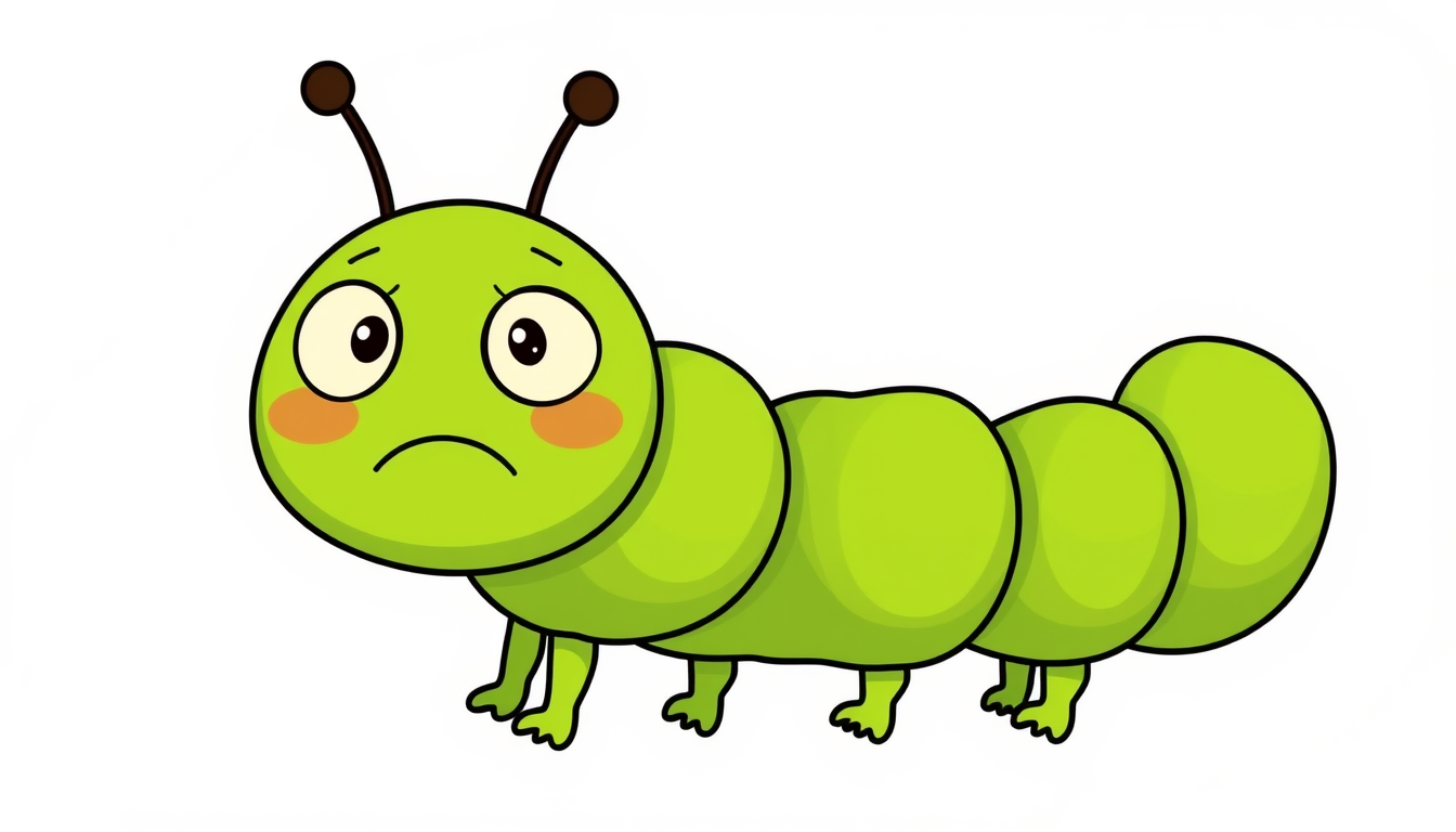 Main art studio: children' book illustration: a beautiful unhappy green caterpillar, front-facing. Isolated single Illustration, transparent background, no decoration,
