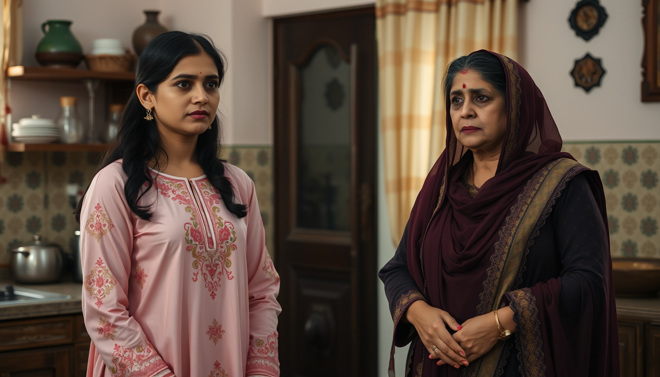 AI Art prompt example created from the prompt: Haya, 22, wearing a pastel pink embroidered shalwar kameez, stands nervously in a traditional haveli kitchen. Malika Begum, 52, strict Pakis