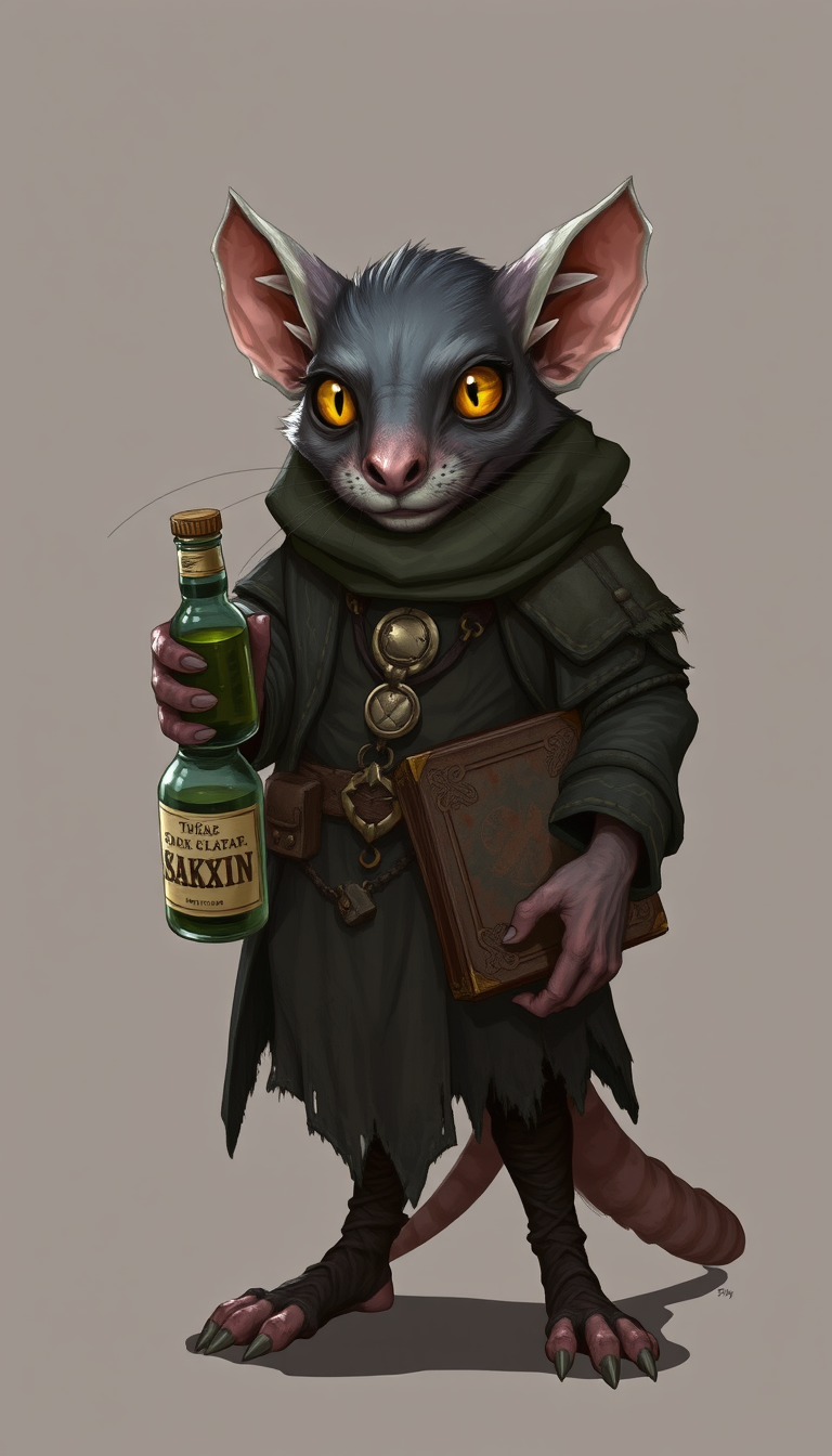 Characters idea: original character design, detailed outfit and accessories, expressive personality, skaven ( rat) who is addicted to drogues and toxine he is an occul